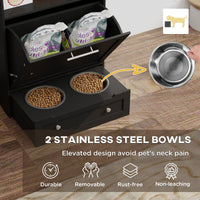 HKM-2081085 Pet Feeder Station Storage Cabinet with Two Removable Bowls and Storage Space, Black
