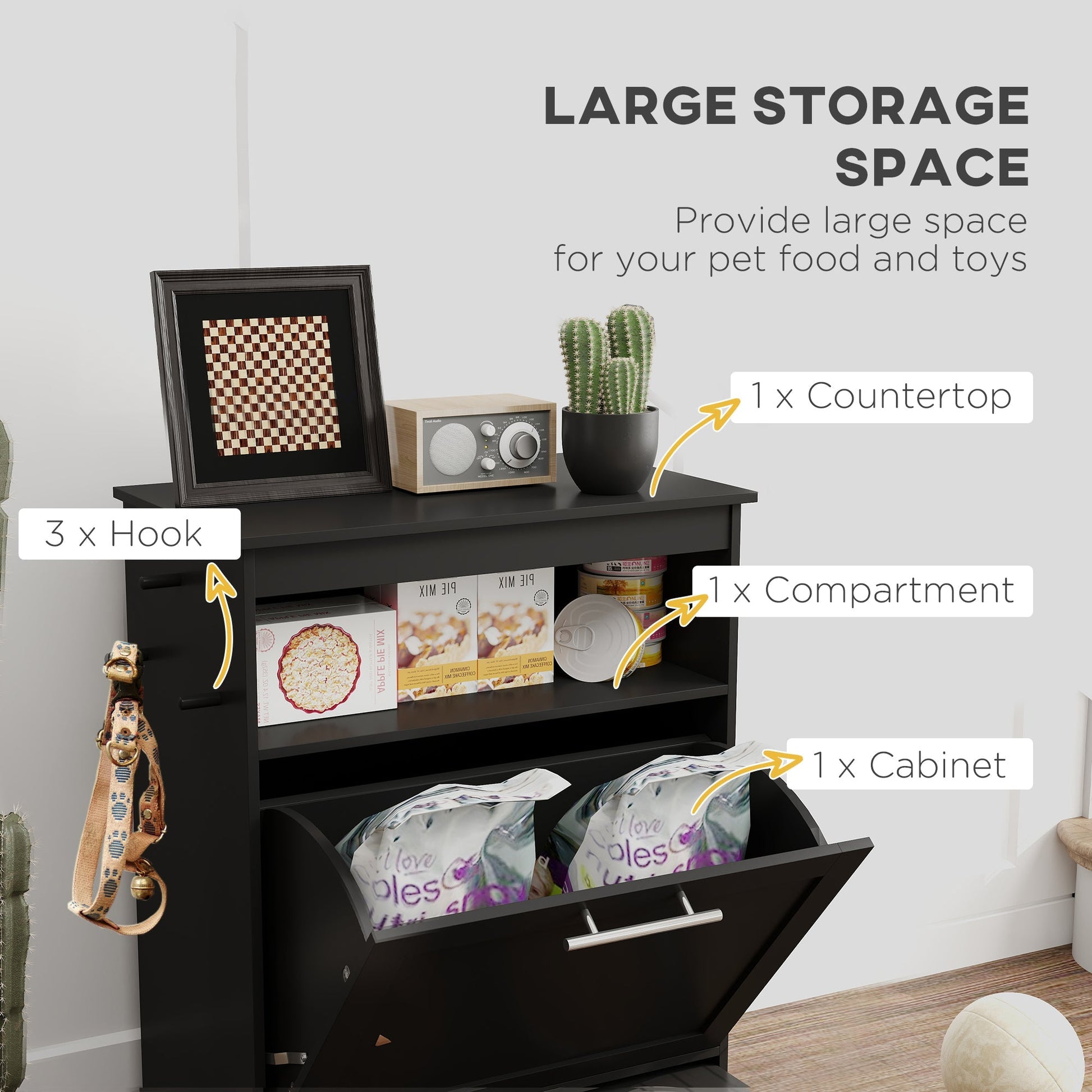 HKM-2081085 Pet Feeder Station Storage Cabinet with Two Removable Bowls and Storage Space, Black