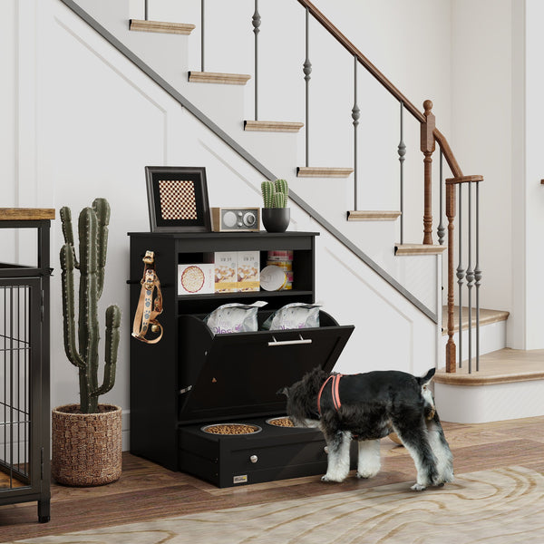 HKM-2081085 Pet Feeder Station Storage Cabinet with Two Removable Bowls and Storage Space, Black