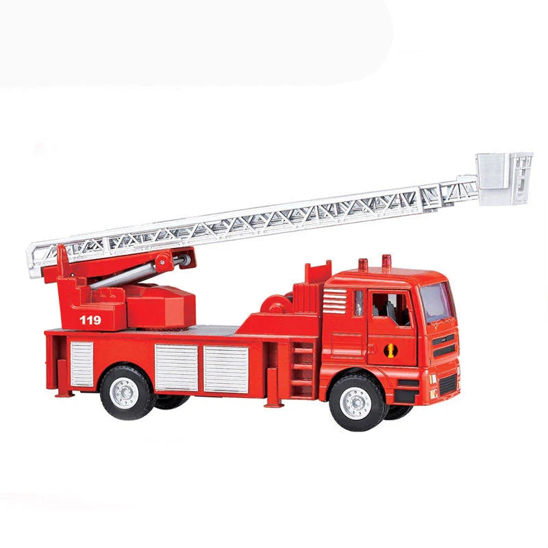 HKM-208403 Diecast Metal Fire Ladder Truck Toy for Kids - Emergency Vehicle Playset - 1:50 Scale