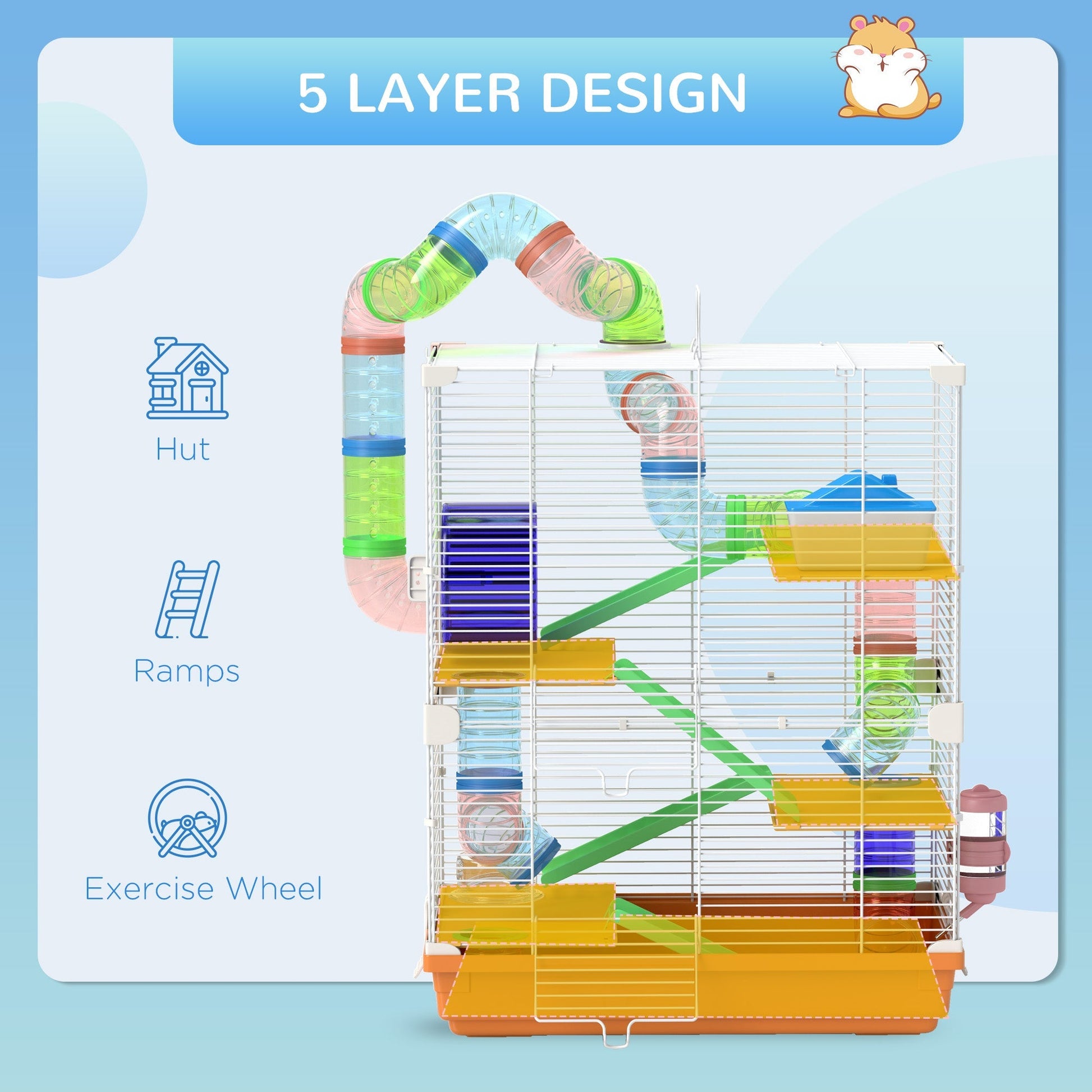 HKM-2084541 5-Tier Portable Hamster Cage with Exercise Wheel, Tubes, and Accessories in Orange