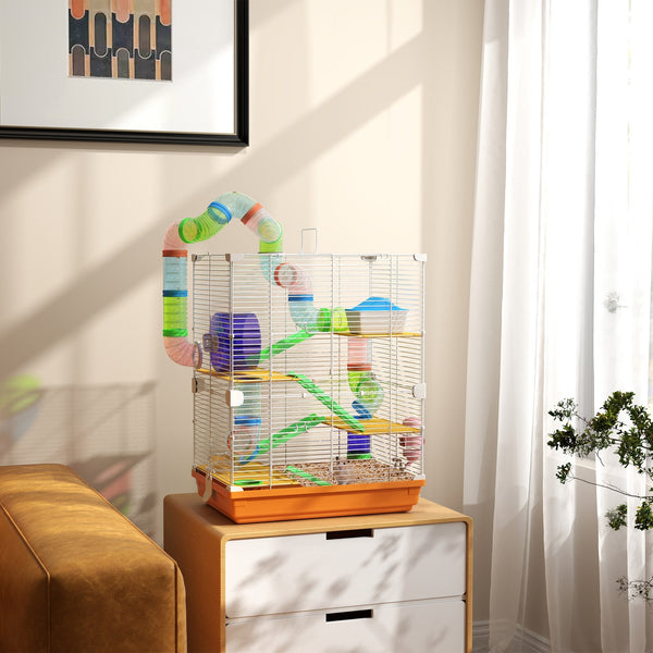 HKM-2084541 5-Tier Portable Hamster Cage with Exercise Wheel, Tubes, and Accessories in Orange
