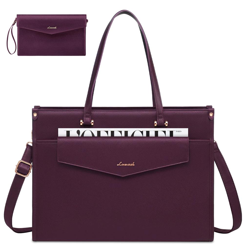 HKM-208467 15.6in Vintage Leather Tote and Laptop Bag Set with Handheld Clutch for Women