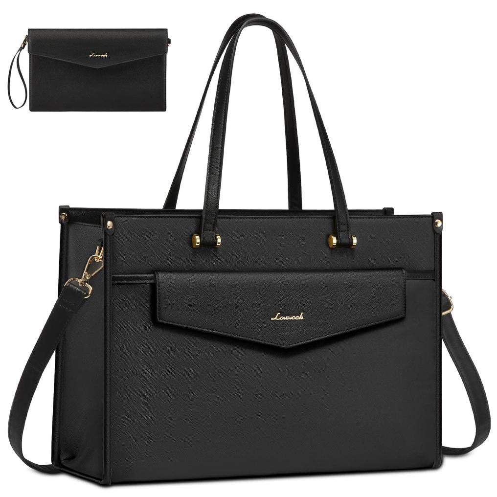 HKM-208467 15.6in Vintage Leather Tote and Laptop Bag Set with Handheld Clutch for Women