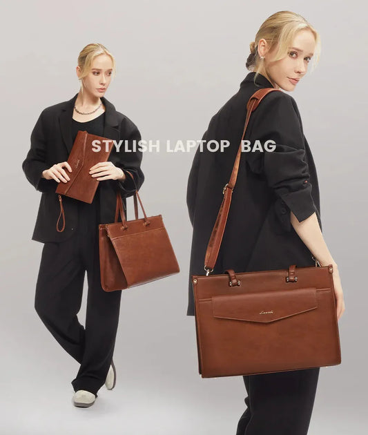 HKM-208467 15.6in Vintage Leather Tote and Laptop Bag Set with Handheld Clutch for Women