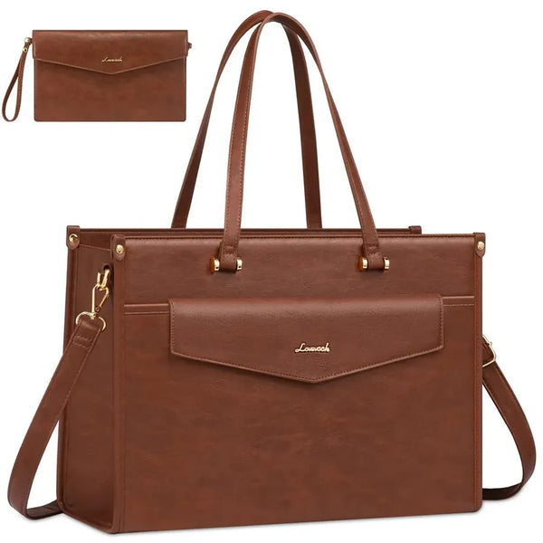 HKM-208467 15.6in Vintage Leather Tote and Laptop Bag Set with Handheld Clutch for Women