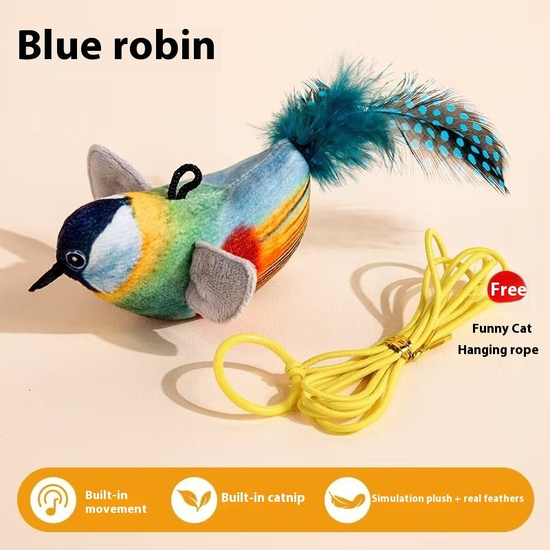 HKM-2087485 Blue, Yellow & Gray Robin Plush Cat Teaser Toy with Vocalization