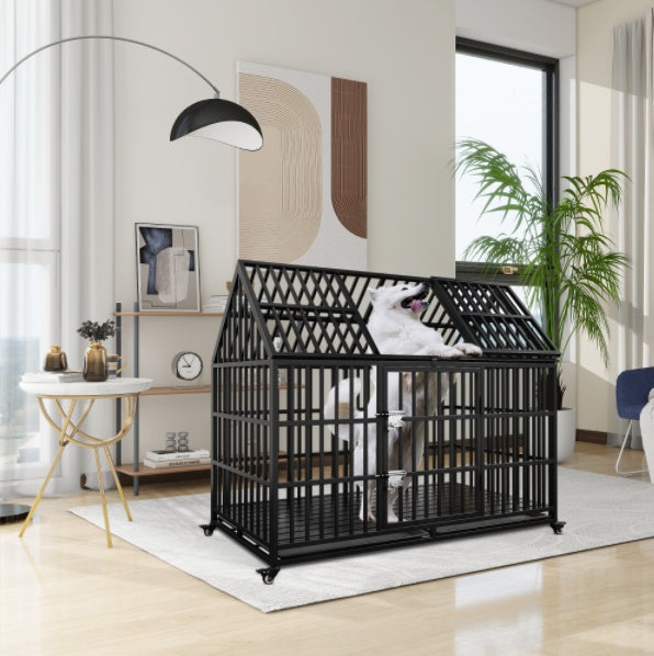HKM-208915 Heavy Duty 54" Dog Crate for Large Dogs, Metal Kennel with Top Door, Removable Trays & Lockable Wheels
