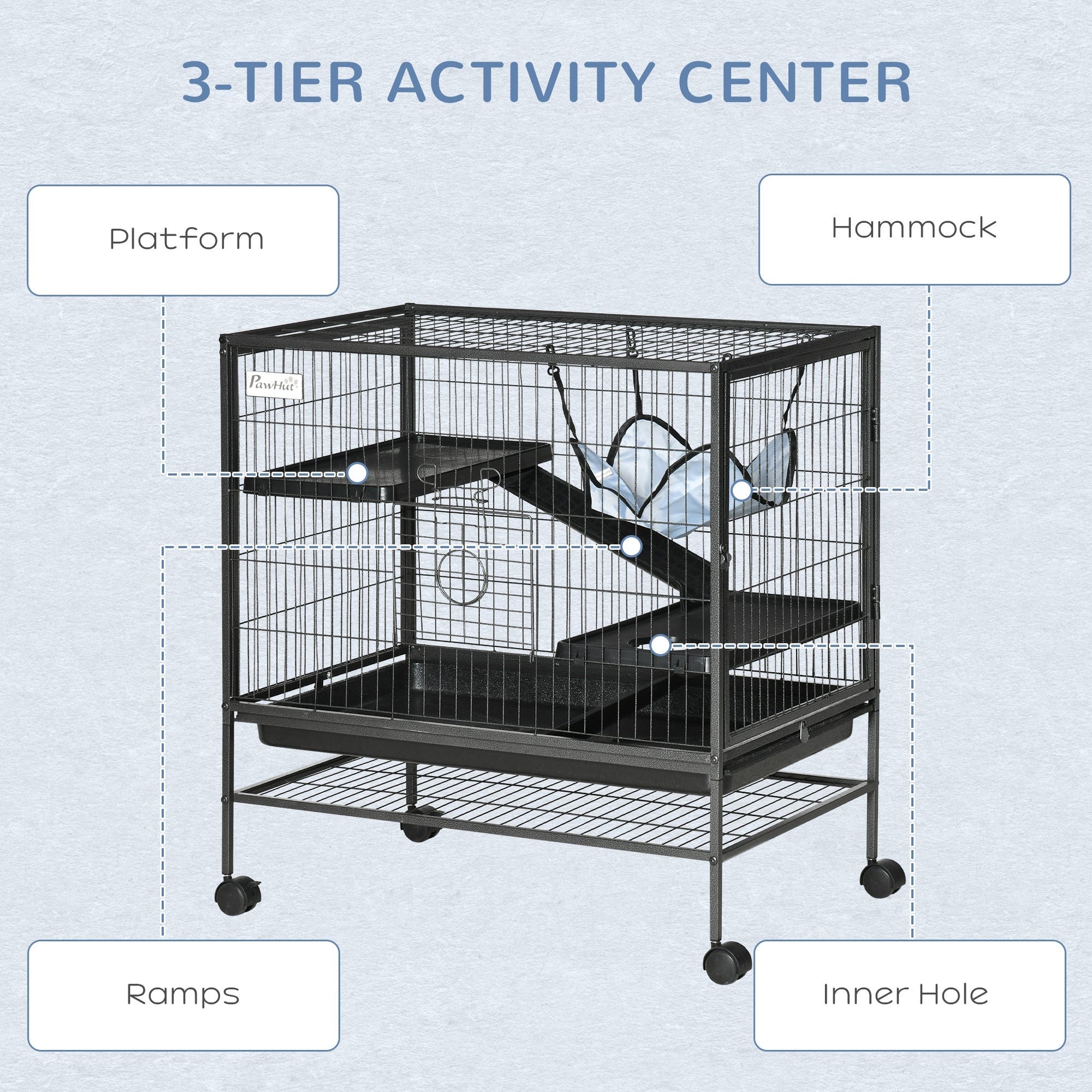 HKM-2090301 Small Animal Habitat Cage with Wheels and Removable Tray, 3-Tier Playpen for Rats, Hamsters, Kittens, Ferrets, and Chinchillas