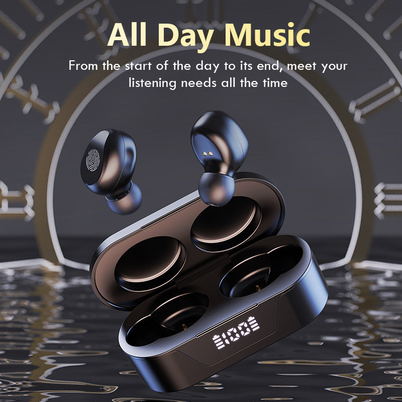 HKM-209235 Mini Bluetooth Earbuds with Battery Display and Touch Control, Stereo Sound, Voice Control, NFC, and Multi-Point Connection, Classic Black or White