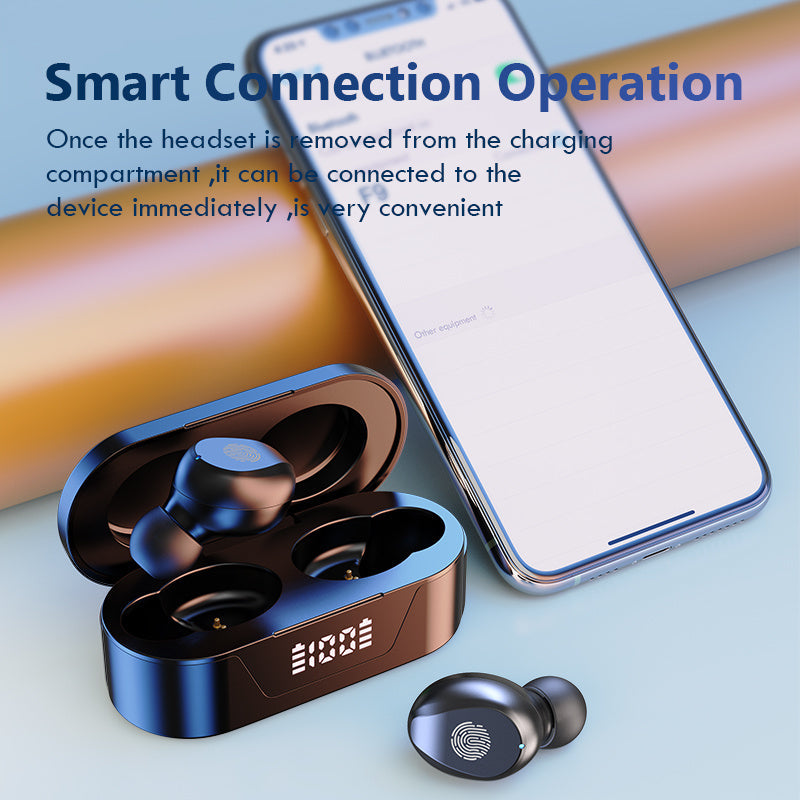 HKM-209235 Mini Bluetooth Earbuds with Battery Display and Touch Control, Stereo Sound, Voice Control, NFC, and Multi-Point Connection, Classic Black or White