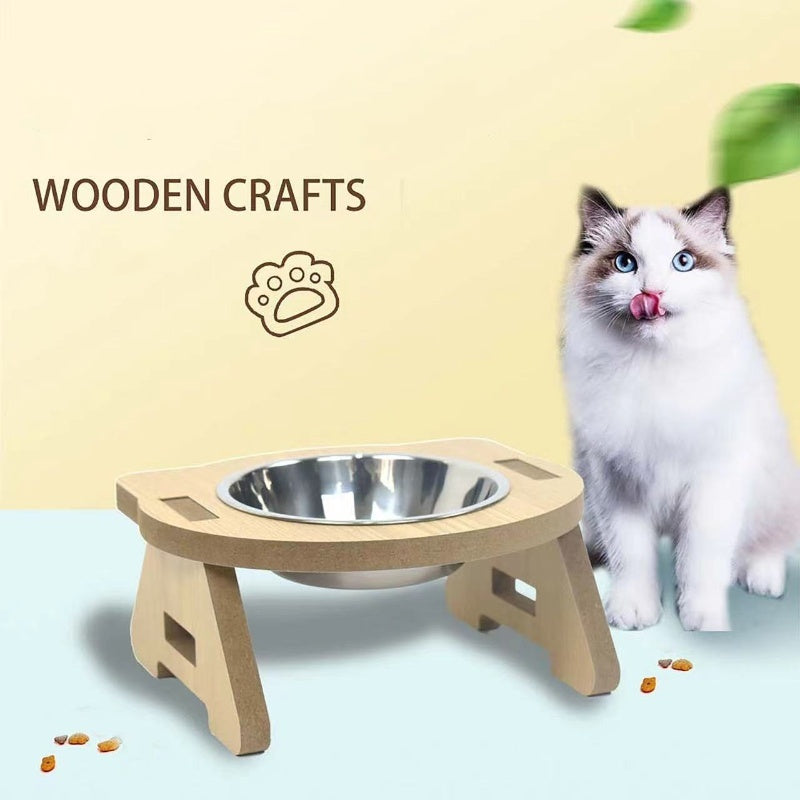 HKM-2093885 Elevated Wooden Cat Bowl Feeder with Stainless Steel Bowls for Food and Water, Anti-Overturn Design