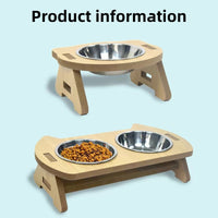 HKM-2093885 Elevated Wooden Cat Bowl Feeder with Stainless Steel Bowls for Food and Water, Anti-Overturn Design