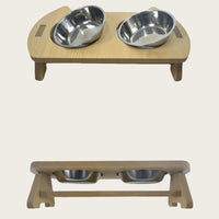 HKM-2093885 Elevated Wooden Cat Bowl Feeder with Stainless Steel Bowls for Food and Water, Anti-Overturn Design