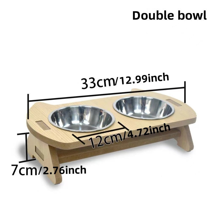 HKM-2093885 Elevated Wooden Cat Bowl Feeder with Stainless Steel Bowls for Food and Water, Anti-Overturn Design