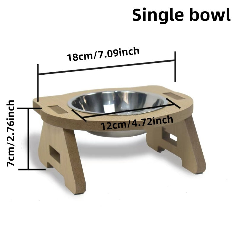 HKM-2093885 Elevated Wooden Cat Bowl Feeder with Stainless Steel Bowls for Food and Water, Anti-Overturn Design