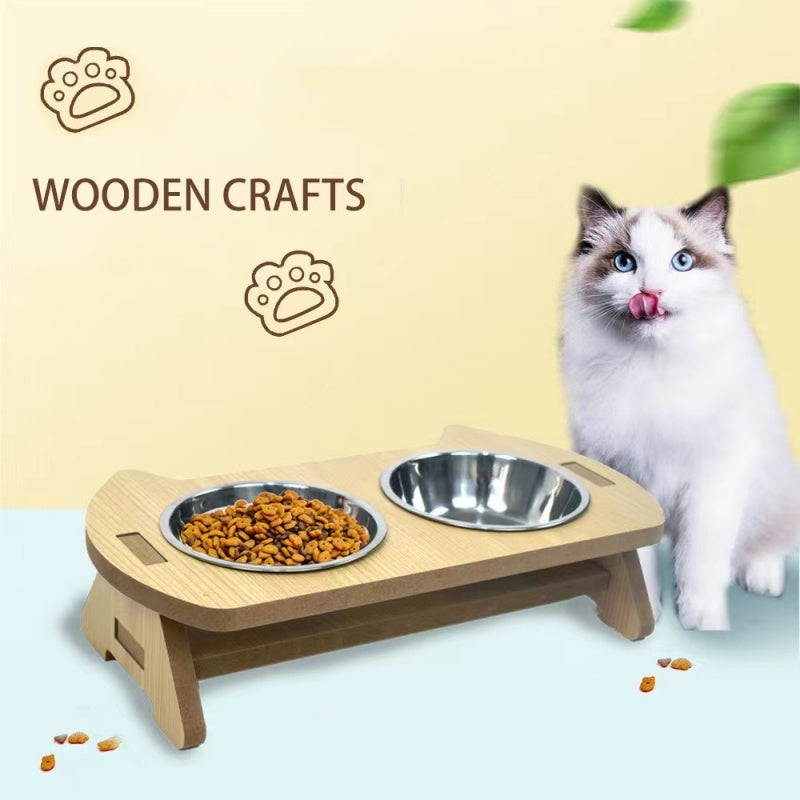 HKM-2093885 Elevated Wooden Cat Bowl Feeder with Stainless Steel Bowls for Food and Water, Anti-Overturn Design