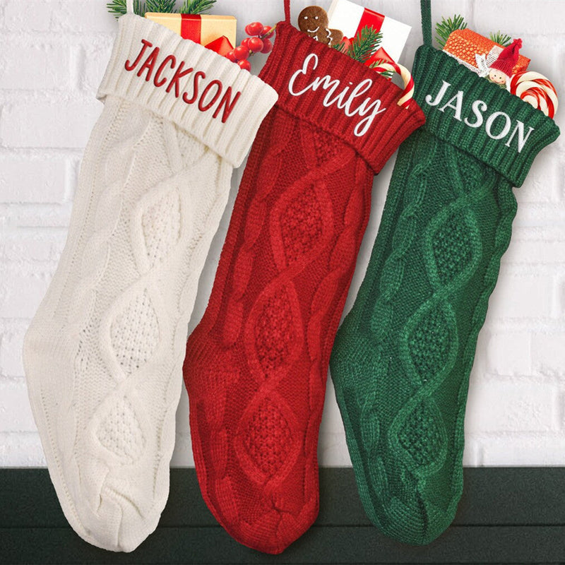 HKM-209683 Embroidered Knitted Christmas Stockings Gift Bag in Red, Green, White, and Gray – 53cm Length
