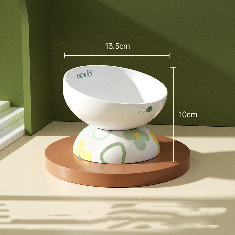 HKM-2098365 Ceramic Oblique Mouth Cat Food and Water Bowl in Floating Cherry Powder and Sycamore Green