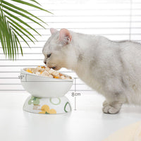 HKM-2098365 Ceramic Oblique Mouth Cat Food and Water Bowl in Floating Cherry Powder and Sycamore Green