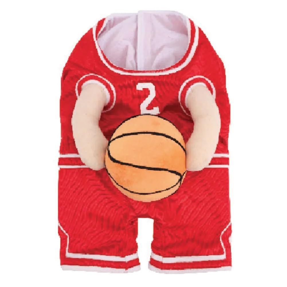 HKM-2099773 Creative Red and Yellow Dog Basketball Costume with Ball for Pets, Available in Small, Medium, and Large Sizes