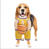 HKM-2099773 Creative Red and Yellow Dog Basketball Costume with Ball for Pets, Available in Small, Medium, and Large Sizes