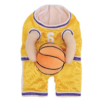 HKM-2099773 Creative Red and Yellow Dog Basketball Costume with Ball for Pets, Available in Small, Medium, and Large Sizes