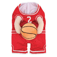 HKM-2099773 Creative Red and Yellow Dog Basketball Costume with Ball for Pets, Available in Small, Medium, and Large Sizes