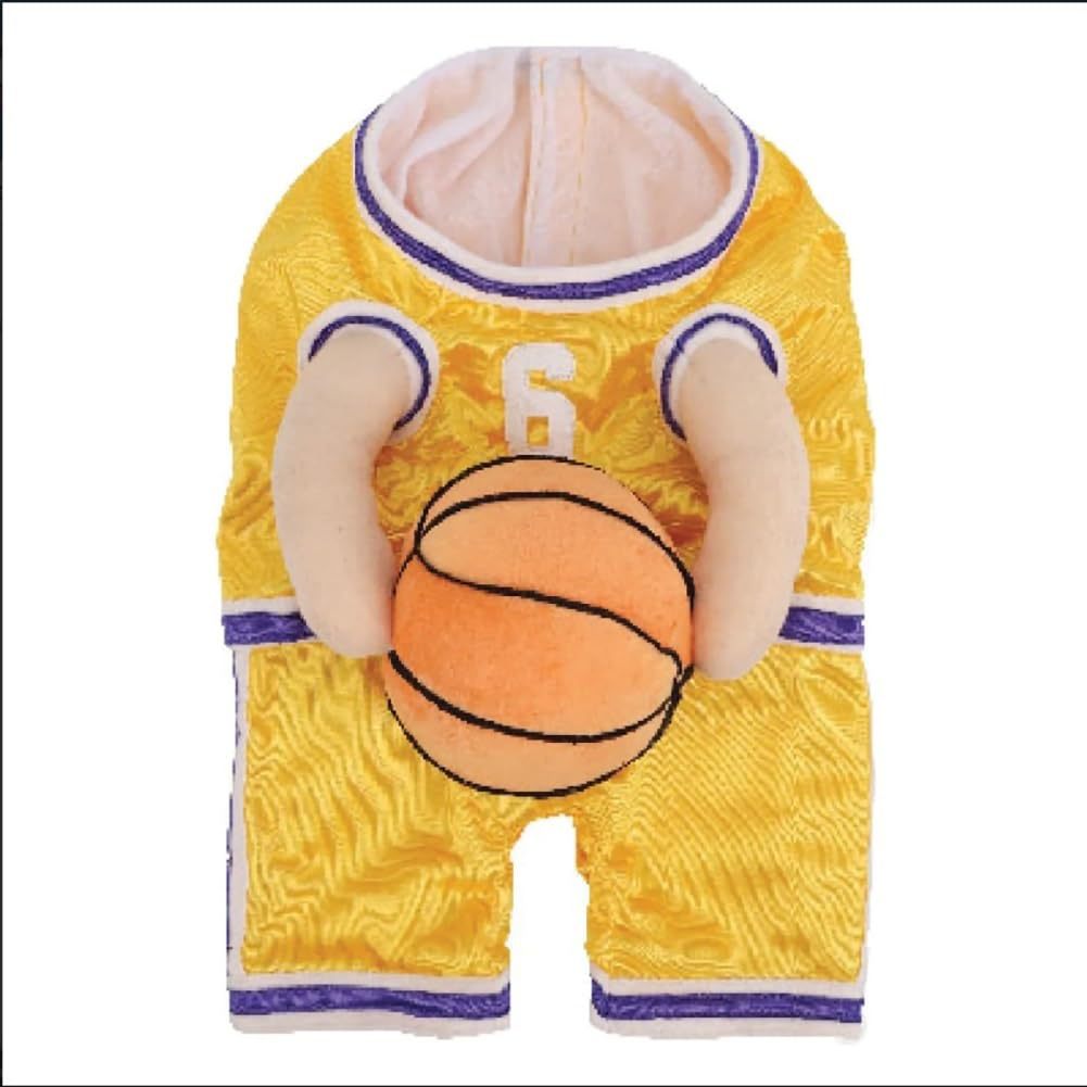 HKM-2099773 Creative Red and Yellow Dog Basketball Costume with Ball for Pets, Available in Small, Medium, and Large Sizes