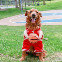 HKM-2099773 Creative Red and Yellow Dog Basketball Costume with Ball for Pets, Available in Small, Medium, and Large Sizes
