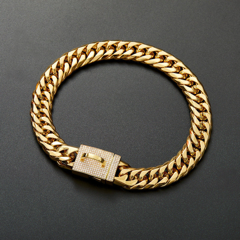 HKM-2100157 Golden Titanium Steel Double Woven Chain Necklace for Dogs - Available in Multiple Sizes