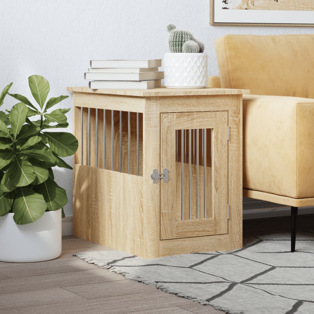 HKM-2102205 Furniture-Style Dog Cage with Steel Bars and Engineered Wood, Double Function as Pet Crate and Side Table