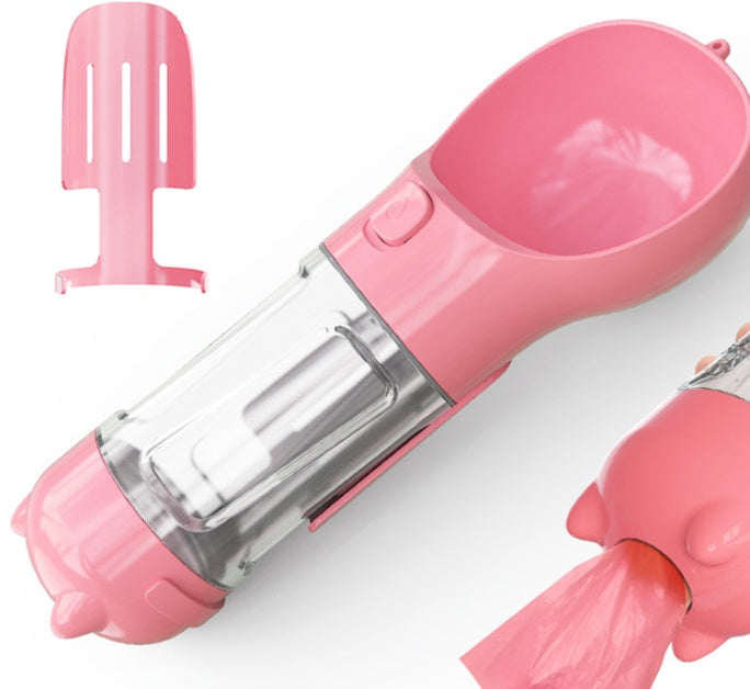 HKM-2103997 Multi-Functional Pet Water Bottle with Waste Bag and Shovel, 300ml - Available in Yellow, Pink, Blue, Green