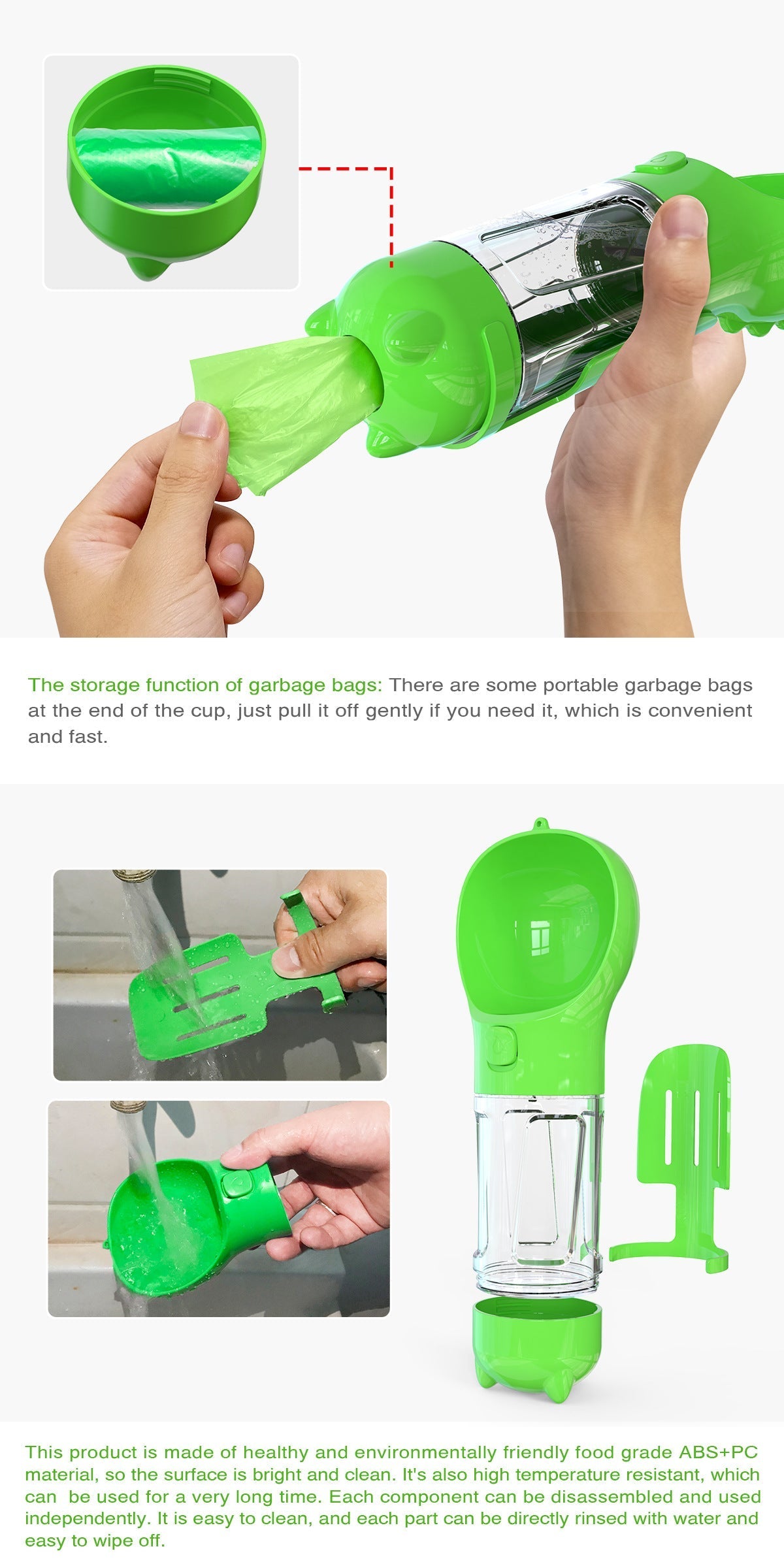HKM-2103997 Multi-Functional Pet Water Bottle with Waste Bag and Shovel, 300ml - Available in Yellow, Pink, Blue, Green
