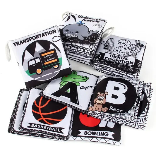 HKM-210643 Soft Cloth Book Toy for Autistic Children Featuring Black and White Cartoon Animals, Educational and Soothing, 12x12cm