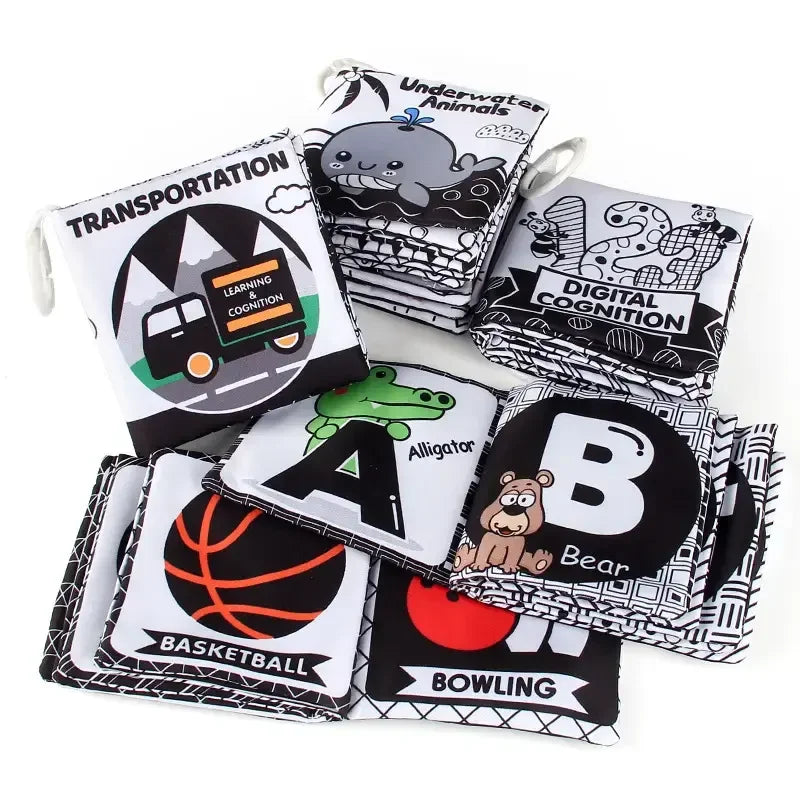 HKM-210643 Soft Cloth Book Toy for Autistic Children Featuring Black and White Cartoon Animals, Educational and Soothing, 12x12cm