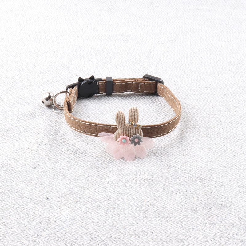 HKM-2109885 Pure Color Ribbon Pet Collar for Cats with Bell - Available in Gray, Brown, Light Blue, Khaki, and Pink