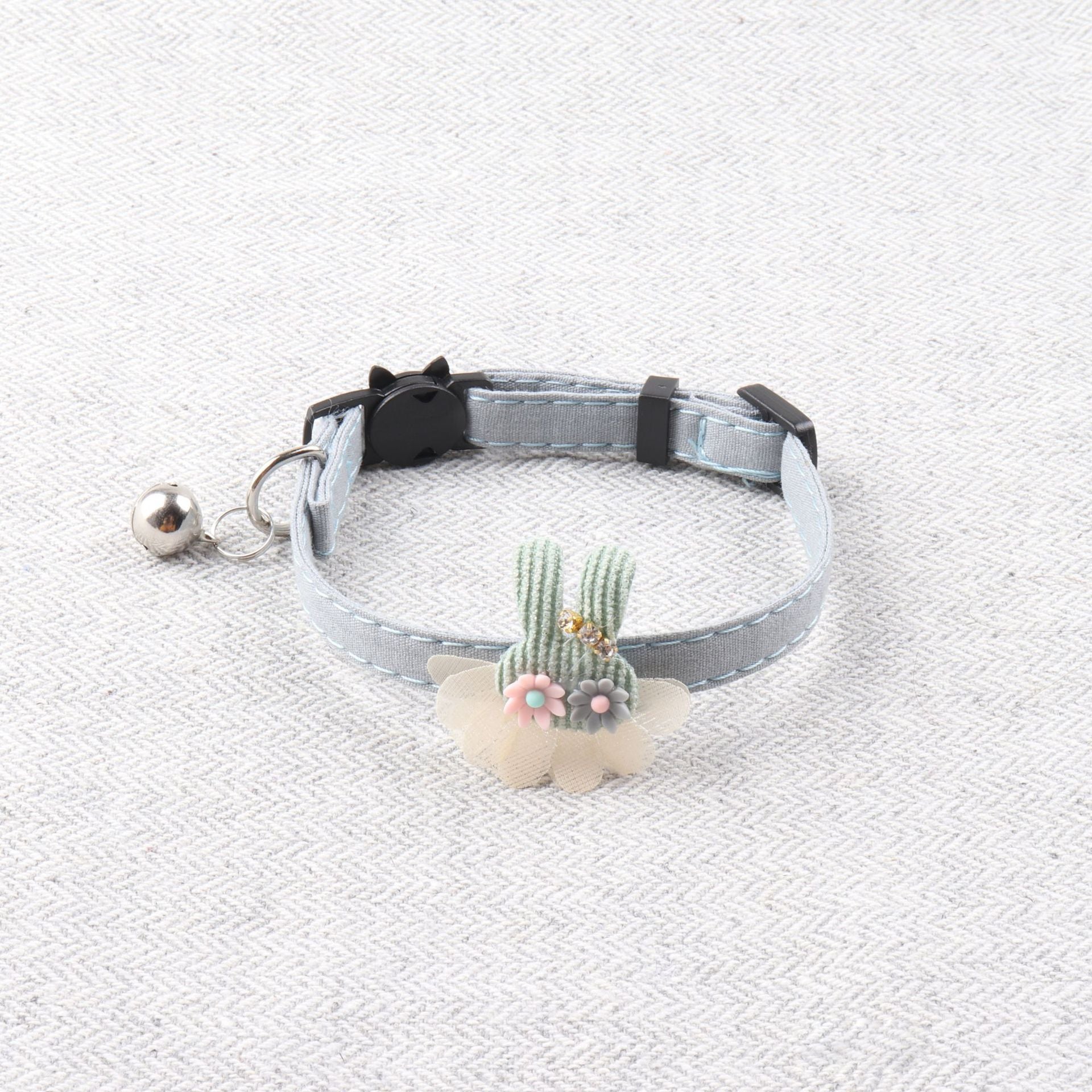 HKM-2109885 Pure Color Ribbon Pet Collar for Cats with Bell - Available in Gray, Brown, Light Blue, Khaki, and Pink