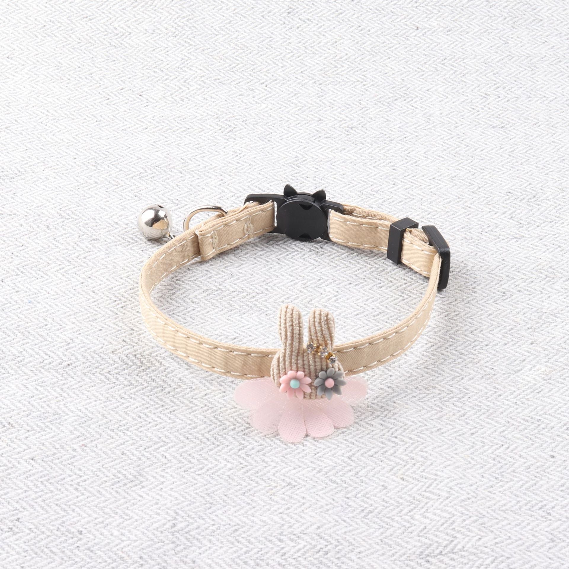 HKM-2109885 Pure Color Ribbon Pet Collar for Cats with Bell - Available in Gray, Brown, Light Blue, Khaki, and Pink