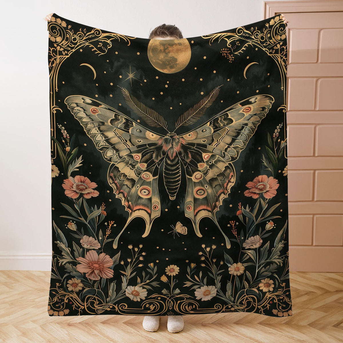 HKM-211219 Gothic Moth Moon Pattern Velvet Blanket - Multiple Sizes Available