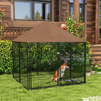 HKM-2117309 Outdoor Dog Kennel Playpen with Canopy, 4.6' x 4.6' x 5', Includes Rotating Food and Water Bowls
