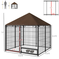 HKM-2117309 Outdoor Dog Kennel Playpen with Canopy, 4.6' x 4.6' x 5', Includes Rotating Food and Water Bowls