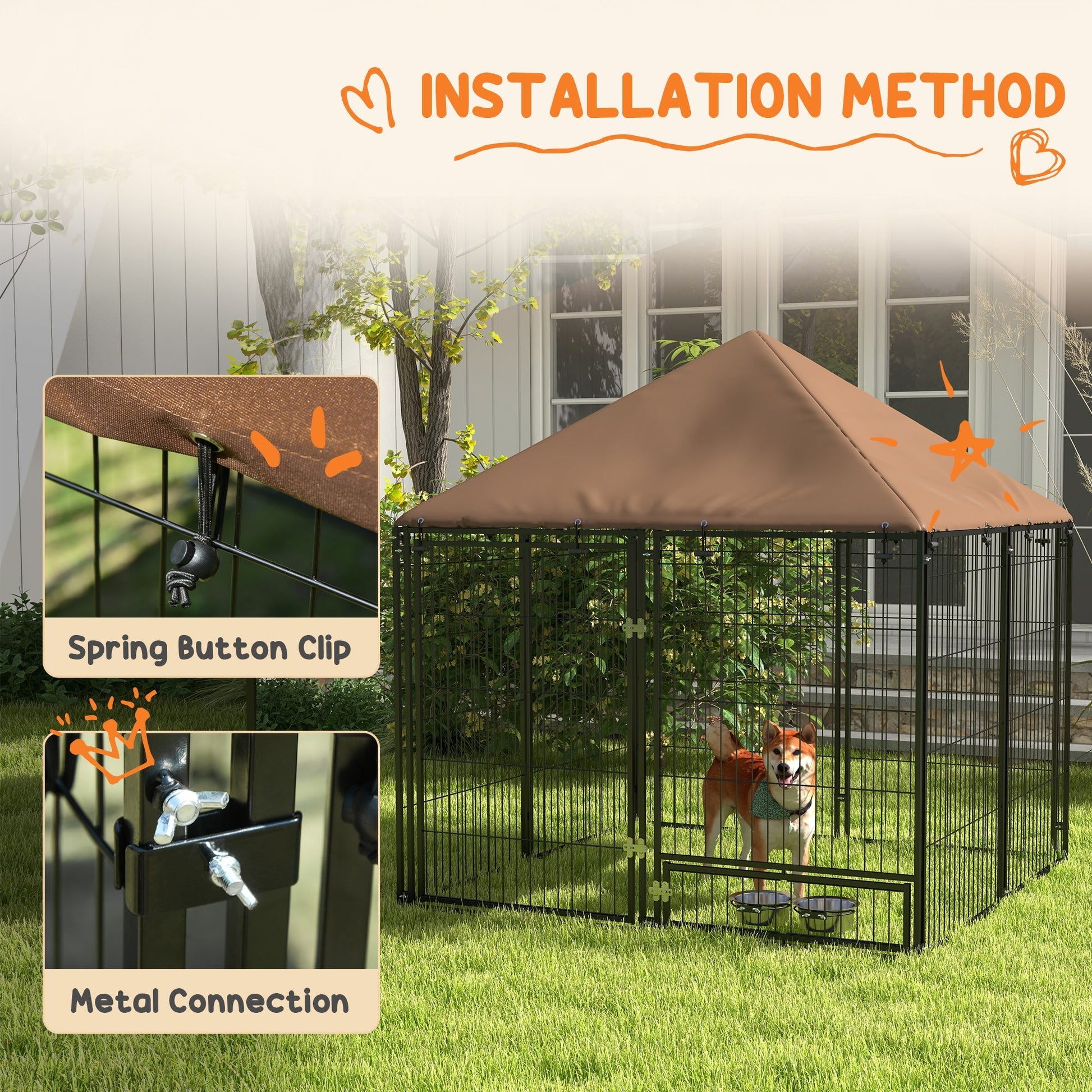 HKM-2117309 Outdoor Dog Kennel Playpen with Canopy, 4.6' x 4.6' x 5', Includes Rotating Food and Water Bowls