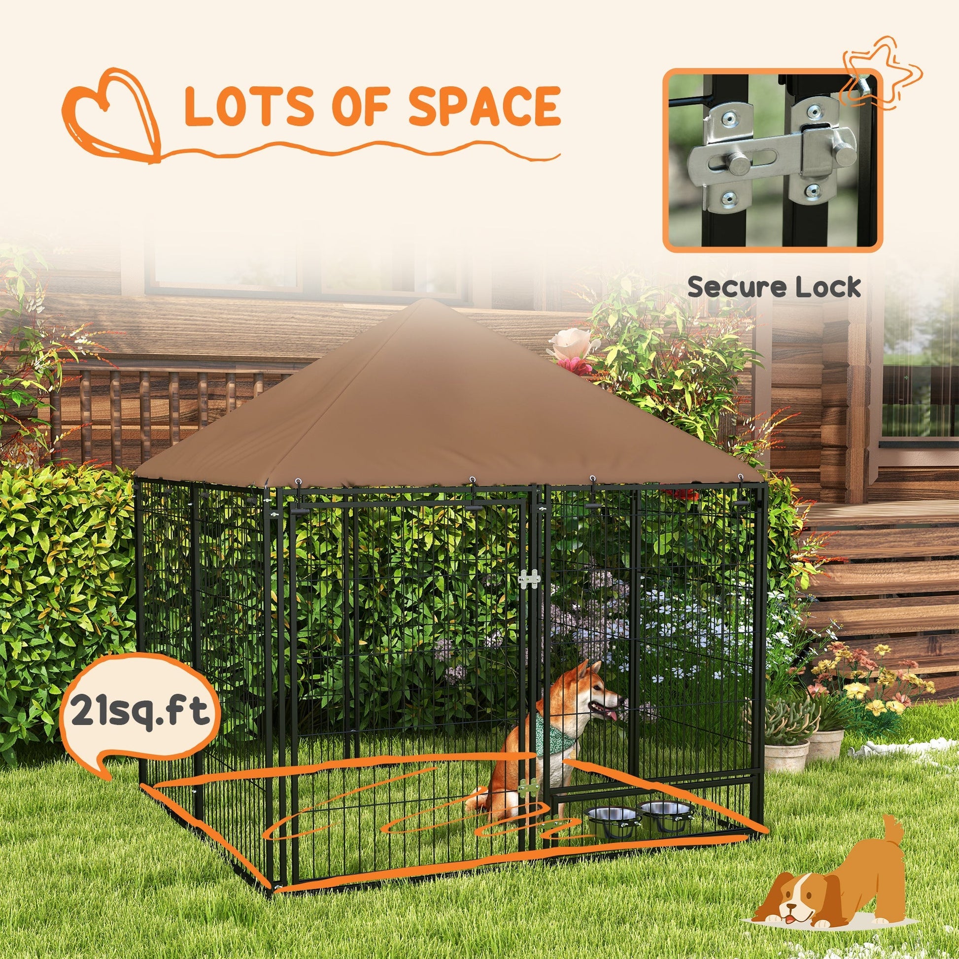 HKM-2117309 Outdoor Dog Kennel Playpen with Canopy, 4.6' x 4.6' x 5', Includes Rotating Food and Water Bowls