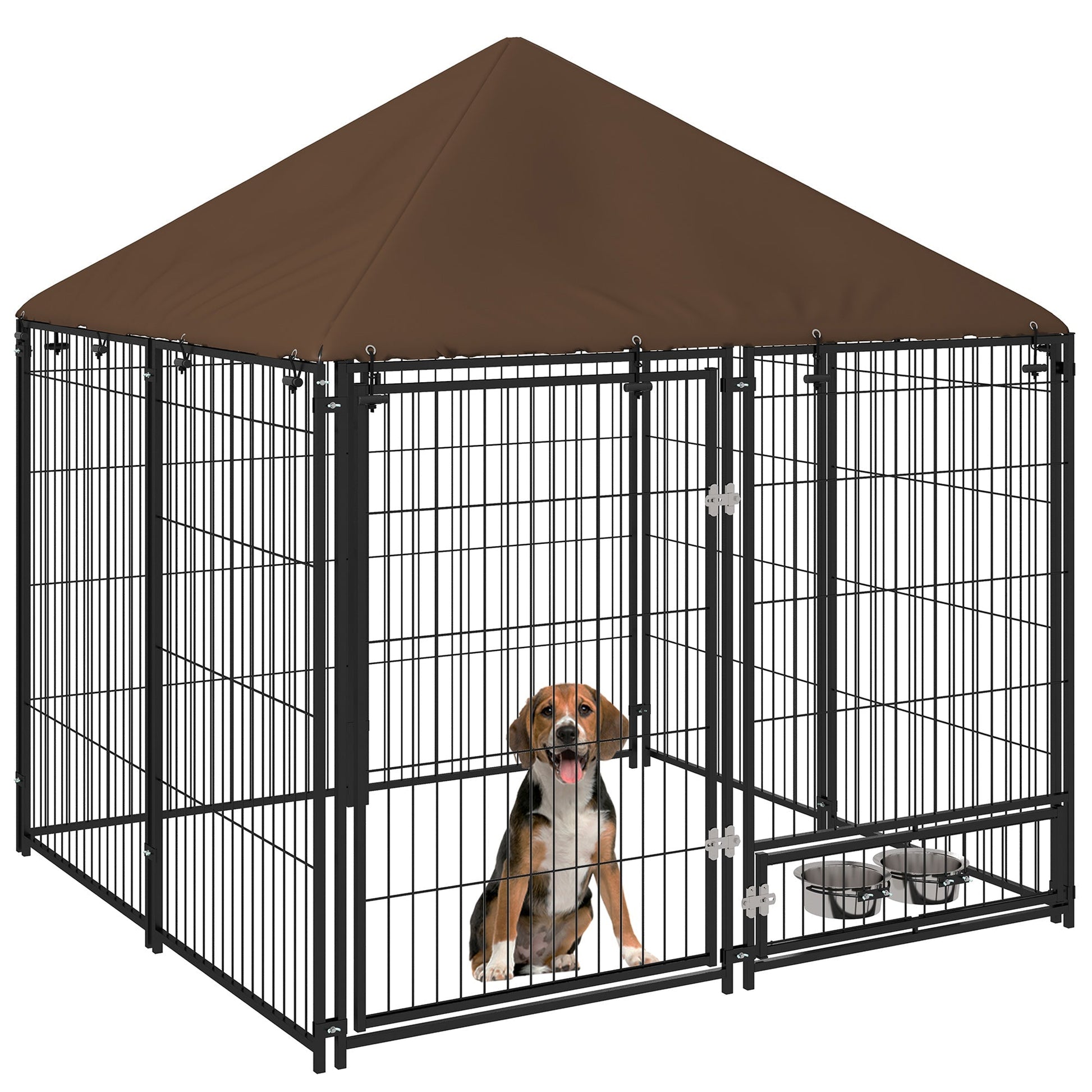 HKM-2117309 Outdoor Dog Kennel Playpen with Canopy, 4.6' x 4.6' x 5', Includes Rotating Food and Water Bowls