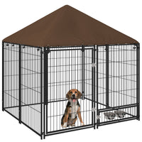 HKM-2117309 Outdoor Dog Kennel Playpen with Canopy, 4.6' x 4.6' x 5', Includes Rotating Food and Water Bowls