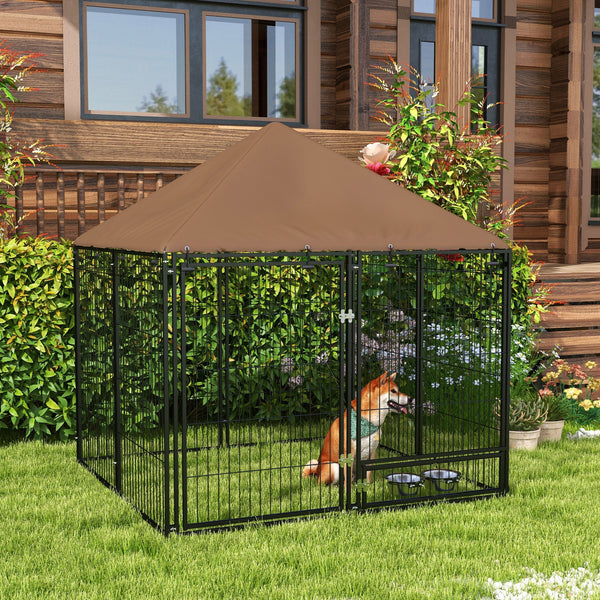 HKM-2117309 Outdoor Dog Kennel Playpen with Canopy, 4.6' x 4.6' x 5', Includes Rotating Food and Water Bowls