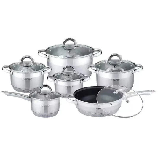 HKM-211923 Stainless Steel Non-Stick Cookware Set - 12-Piece Cooking Pots and Pans Kitchen Set