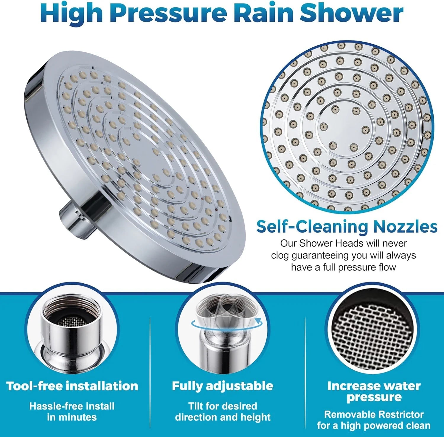 HKM-212243 Chrome Rainfall High Pressure Shower Head V-33020, 6 Inch Wall Mount, ABS & Brass Material, TPR Nozzles