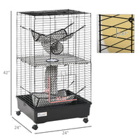 HKM-2123069 42" Multi-Tier Metal Ferret Cage with Wheels, Hammocks, Tunnels, and Three Doors, Black